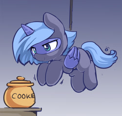 Size: 850x805 | Tagged: safe, artist:ende26, princess luna, alicorn, pony, clothes, cookie, cookie jar, costume, cute, female, filly, food, lunabetes, rope, solo, spy, suspended, woona, younger