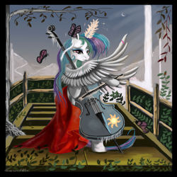 Size: 6840x6840 | Tagged: safe, artist:auroriia, princess celestia, alicorn, butterfly, pony, absurd resolution, bow (instrument), cello, cello bow, crying, musical instrument, nature, solo, wing hands