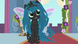 Size: 9600x5400 | Tagged: safe, artist:beavernator, queen chrysalis, changeling, changeling queen, nymph, absurd resolution, butterfly wings, cute, cutealis, grin, head tilt, looking at you, smiling, solo, wallpaper, young