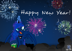 Size: 6443x4590 | Tagged: safe, artist:abydos91, princess luna, alicorn, pony, 2014, absurd resolution, cider, derp, fireworks, happy new year, happy new year 2014, solo, vector