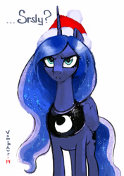 Size: 2436x3457 | Tagged: safe, artist:vombavr, princess luna, alicorn, pony, female, hat, mare, santa hat, simple background, solo, unamused, white background