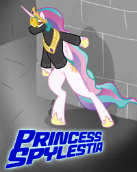 Size: 800x1000 | Tagged: safe, artist:the_gneech, princess celestia, alicorn, pony, bipedal, clothes, goggles, pun, solo, spy, sweater