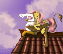 Size: 1280x1105 | Tagged: safe, artist:lucky dragoness, derpibooru import, fluttershy, gilda, griffon, pegasus, pony, cloud, cloudy, cute, eyes closed, female, gildadorable, gildashy, lesbian, lying, nuzzling, on top, prone, roof, rooftop, shyabetes, sky, snuggling