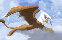 Size: 1280x838 | Tagged: safe, artist:lucky dragoness, derpibooru import, gilda, griffon, cloud, cloudy, looking at you, lying, mountain, sky, solo