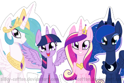 Size: 1650x1100 | Tagged: safe, artist:silky-cotton, princess cadance, princess celestia, princess luna, twilight sparkle, twilight sparkle (alicorn), alicorn, pony, alicorn tetrarchy, cute, female, looking at you, mare, open mouth, smiling, spread wings, wings