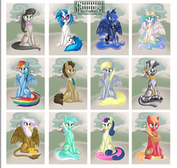 Size: 900x852 | Tagged: safe, artist:keyfeathers, derpibooru import, big macintosh, bon bon, derpy hooves, dj pon-3, doctor whooves, gilda, lyra heartstrings, octavia melody, princess celestia, princess luna, rainbow dash, sweetie drops, vinyl scratch, zecora, alicorn, earth pony, griffon, pegasus, pony, zebra, background six, male, stallion