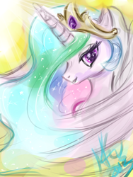 Size: 400x533 | Tagged: safe, artist:littleocean, princess celestia, alicorn, pony, bust, crown, female, horn, mare, multicolored mane, solo, white coat