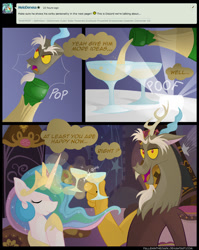 Size: 1000x1259 | Tagged: safe, artist:falleninthedark, discord, princess celestia, alicorn, pony, alcohol, champagne, comic, dialogue, drink, drinking, request