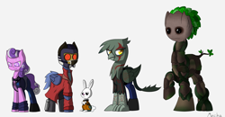 Size: 2624x1368 | Tagged: safe, artist:mechanized515, derpibooru import, angel bunny, gilda, screwball, griffon, crossover, drax the destroyer, gamora, groot, guardians of the galaxy, ponified, rocket raccoon, solar wind, starlord