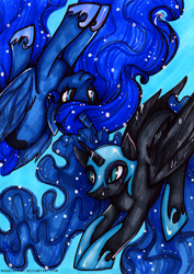 Size: 636x900 | Tagged: safe, artist:madblackie, nightmare moon, princess luna, alicorn, pony, female, horn, mare, traditional art