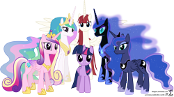 Size: 13300x7370 | Tagged: safe, artist:90sigma, nightmare moon, princess cadance, princess celestia, princess luna, twilight sparkle, twilight sparkle (alicorn), oc, oc:fausticorn, alicorn, pony, absurd resolution, alicorn hexarchy, female, lauren faust, mare, simple background, transparent background, vector