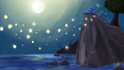 Size: 1920x1080 | Tagged: safe, artist:repoisn, princess luna, alicorn, firefly (insect), pony, cliff, moon, ocean, solo