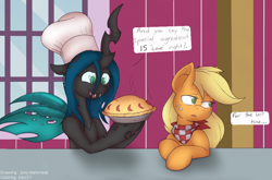 Size: 1024x674 | Tagged: safe, artist:jobo37, artist:joey darkmeat, applejack, queen chrysalis, changeling, changeling queen, earth pony, pony, baking, chef's hat, cooking, food, hat, hatless, missing accessory, pie