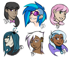 Size: 1024x819 | Tagged: safe, artist:collaredginger, derpibooru import, cheerilee, dj pon-3, gilda, octavia melody, queen chrysalis, trixie, vinyl scratch, human, humanized, portrait