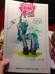 Size: 540x720 | Tagged: safe, artist:katiecandraw, queen chrysalis, changeling, changeling queen, cover, female, green eyes, horn, solo