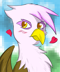 Size: 1000x1200 | Tagged: safe, artist:argoth, derpibooru import, gilda, griffon, blushing, bust, female, floating heart, heart, looking at you, solo, wings
