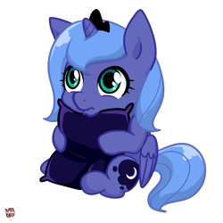 Size: 1000x1000 | Tagged: safe, artist:norang94, princess luna, alicorn, pony, cushion, cute, diabetes, filly, foal, frown, hnnng, looking up, lunabetes, pillow, pillow hug, simple background, sitting, solo, transparent background, vector, woona