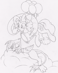 Size: 644x800 | Tagged: safe, artist:dfectivedvice, derpibooru import, gilda, pinkie pie, earth pony, griffon, pony, balloon, cloud, floating, grayscale, happy birthday, monochrome, sleeping, then watch her balloons lift her up to the sky, this will end in tears