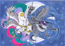 Size: 3274x2332 | Tagged: safe, artist:cityo, nightmare moon, princess celestia, alicorn, pony, crown, female, horn, jewelry, mare, regalia, siblings, sisters, traditional art