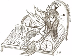 Size: 2074x1624 | Tagged: safe, artist:rossmaniteanzu, queen chrysalis, changeling, changeling queen, antagonist, bedroom eyes, heart, monochrome, on side, pillow, sketch, solo, traditional art