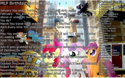 Size: 2432x1520 | Tagged: safe, apple bloom, applejack, derpy hooves, dinky hooves, fluttershy, pinkie pie, prince blueblood, queen chrysalis, rainbow dash, rarity, scootaloo, sunset shimmer, sweetie belle, trixie, twilight sparkle, pegasus, pony, birthday game, exploitable meme, female, mare, pinkamena diane pie