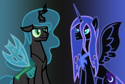 Size: 600x400 | Tagged: safe, artist:xain-russell, nightmare moon, queen chrysalis, changeling, changeling queen, female, horn, mane swap