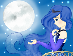 Size: 2551x1984 | Tagged: safe, artist:mary10ja, princess luna, human, clothes, dress, humanized, light skin, moon, night, smiling, solo