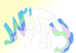 Size: 2492x1744 | Tagged: safe, artist:sallycars, princess celestia, alicorn, pony, female, horn, mare, multicolored mane, solo, typography, white coat