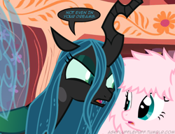 Size: 650x500 | Tagged: safe, queen chrysalis, oc, oc:fluffle puff, changeling, changeling queen, female, horn, tumblr:ask fluffle puff