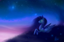 Size: 1800x1200 | Tagged: safe, artist:juliwu, princess luna, alicorn, pony, night, solo, stars