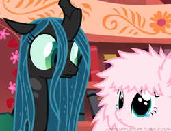 Size: 650x500 | Tagged: safe, queen chrysalis, oc, oc:fluffle puff, changeling, changeling queen, female, horn, tumblr:ask fluffle puff