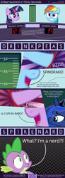 Size: 6400x17300 | Tagged: safe, artist:parclytaxel, princess luna, rainbow dash, spike, twilight sparkle, twilight sparkle (alicorn), alicorn, dragon, pegasus, pony, .svg available, absurd resolution, anagram, clock, comic, countdown (channel 4), female, game show, hooves, joy buzzer, mare, mouth, nerd, parody, pun, puzzle, sand clock, vector