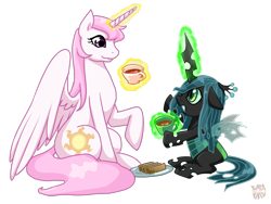 Size: 800x600 | Tagged: safe, artist:norang94, princess celestia, queen chrysalis, alicorn, changeling, changeling queen, nymph, pony, cewestia, crown, cute, cutealis, duo, duo female, female, filly, filly queen chrysalis, foal, jewelry, pink-mane celestia, princess chrysalis, regalia, signature, simple background, tea, tea party, teacup, teenager, transparent background, younger