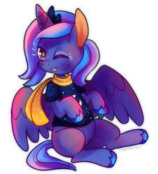Size: 969x1066 | Tagged: safe, artist:cherivinca, princess luna, alicorn, pony, chibi, clothes, filly, scarf, shirt, simple background, sitting, solo, wink, woona
