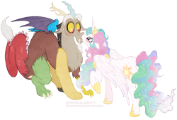 Size: 1088x737 | Tagged: safe, artist:stepandy, discord, princess celestia, alicorn, pony, blushing, dislestia, eye contact, female, floppy ears, fluffy, frown, kissing, male, messy mane, raised hoof, shipping, simple background, smiling, straight, surprise kiss, surprised, transparent background, vector, wide eyes