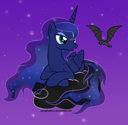 Size: 1839x1802 | Tagged: safe, artist:zomgitsalaura, princess luna, alicorn, bat, pony, chest fluff, cloud, fangs, missing accessory, prone, solo