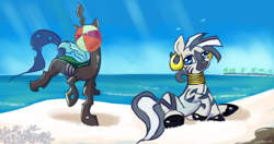 Size: 1224x648 | Tagged: safe, queen chrysalis, zecora, changeling, changeling queen, zebra, ball, beach