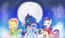 Size: 2560x1500 | Tagged: safe, artist:luciferamon, fluttershy, princess luna, rarity, alicorn, pegasus, pony, unicorn, hanfu, moon