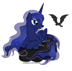 Size: 1839x1802 | Tagged: safe, artist:zomgitsalaura, princess luna, alicorn, bat, pony, chest fluff, cloud, fangs, missing accessory, prone, simple background, solo, transparent background