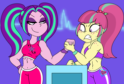 Size: 1410x960 | Tagged: safe, artist:purfectprincessgirl, aria blaze, sour sweet, equestria girls, aria brute, aria buff, arm wrestling, clothes, female, gritted teeth, muscles, smiling, sour swole, sports bra, sweat