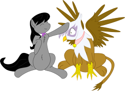 Size: 1213x882 | Tagged: artist needed, safe, derpibooru import, gilda, octavia melody, earth pony, griffon, pony, bell, bell collar, collar, petting