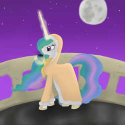 Size: 4392x4392 | Tagged: safe, artist:kaleysia, princess celestia, alicorn, pony, absurd resolution, balcony, cloak, clothes, magic, moon, mug, scarf, solo