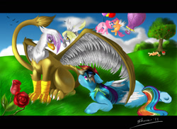 Size: 1754x1275 | Tagged: safe, artist:shnider, derpibooru import, applejack, derpy hooves, gilda, pinkie pie, rainbow dash, scootaloo, bird, earth pony, griffon, pegasus, pony, apple, balloon, female, flower, flying, goggles, mare, tree