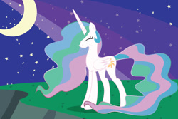 Size: 1024x683 | Tagged: safe, artist:dr-whiskey, princess celestia, alicorn, pony, eyes closed, missing accessory, moon, night, smiling, solo