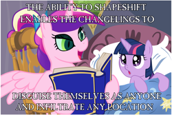 Size: 1024x683 | Tagged: safe, princess cadance, queen chrysalis, twilight sparkle, unicorn twilight, alicorn, changeling, changeling queen, pony, unicorn, bed, bedtime story, blanket, book, bow, cadance's bedtime stories, chair, detailed background, disguise, disguised changeling, duo, duo female, exploitable meme, fake cadance, female, females only, filly, filly twilight sparkle, hair bow, hoof hold, horn, image macro, looking at each other, looking up, meme, multicolored mane, open mouth, pillow, pink coat, pink wings, purple coat, purple eyes, reading, sitting, smiling, spread wings, text, wings, younger