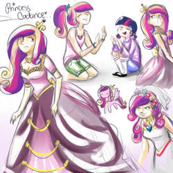 Size: 1024x1024 | Tagged: safe, artist:cosmicponye, princess cadance, queen chrysalis, twilight sparkle, changeling, human, disguise, disguised changeling, fake cadance, filly, humanized, younger