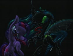 Size: 1066x820 | Tagged: safe, artist:getchanoodlewet, queen chrysalis, twilight sparkle, changeling, changeling queen, female, horn, traditional art