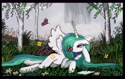 Size: 9720x6120 | Tagged: safe, artist:auroriia, princess celestia, alicorn, butterfly, pony, absurd resolution, female, freckles, leaning, nature, prone, scenery, smiling, solo, spread wings