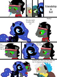 Size: 500x681 | Tagged: safe, discord, king sombra, nightmare moon, queen chrysalis, changeling, changeling queen, pony, unicorn, antagonist, comic