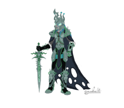 Size: 1500x1300 | Tagged: safe, artist:cambalt, queen chrysalis, changeling, changeling queen, armor, arthas menethil, cape, clothes, crossover, female, frostmourne, lich king, solo, sword, warcraft, weapon